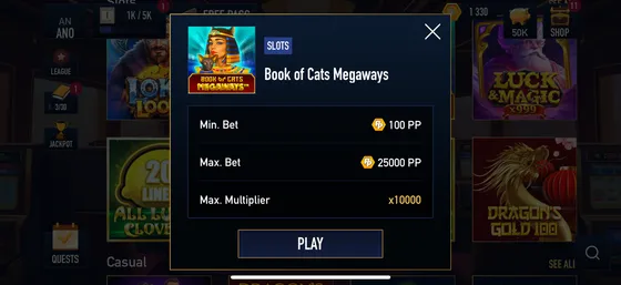 Game details showing bet options and play button