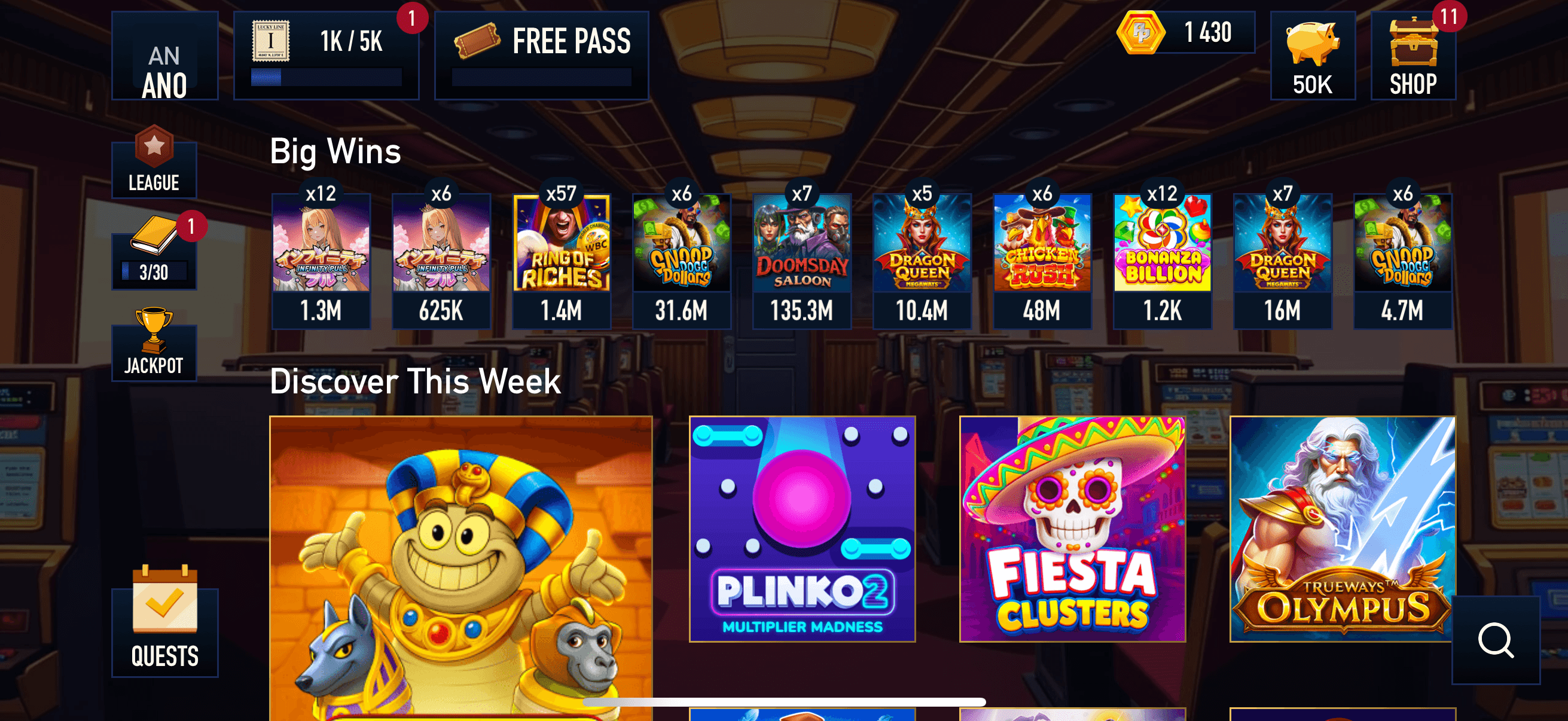 Lucky Line lobby showing Big Wins and featured slot games